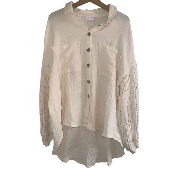 PINK LILY KEEP SHINING CREAM CROCHET SLEEVE GAUZE SZ LARGE SHACKET - Picture 3 of 7